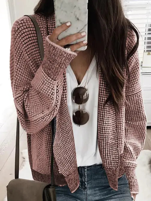 Contrast Trim Plaid Open-Front Knit Cardigan