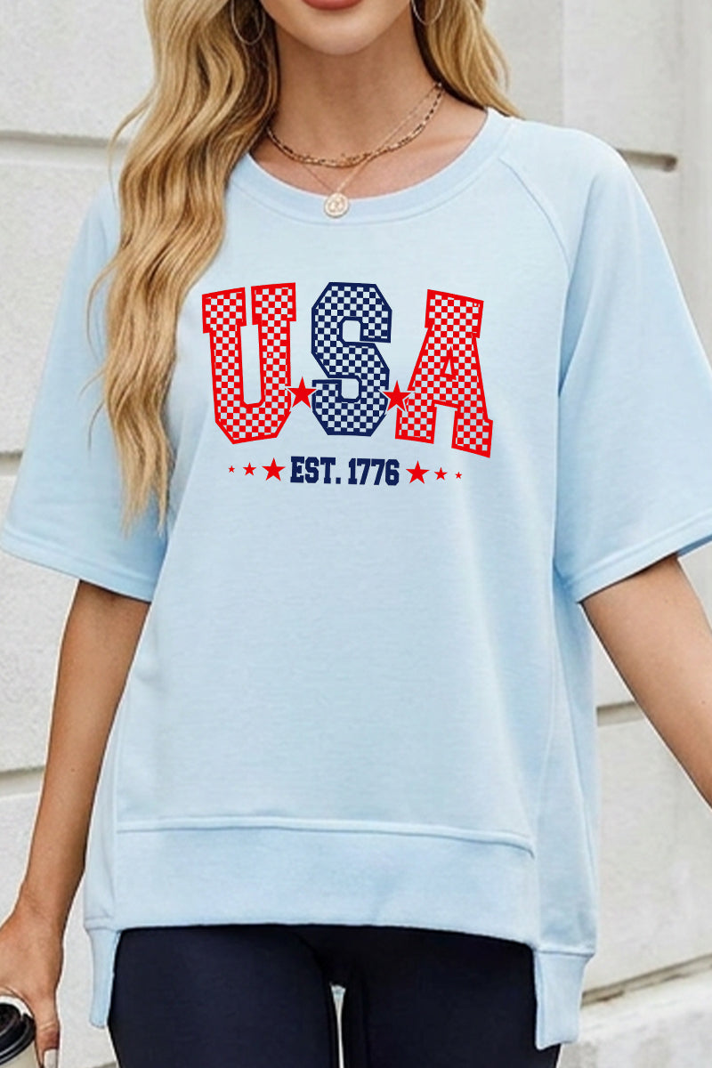 USA Est 1776 Graphic Oversized July 4th Tee Top