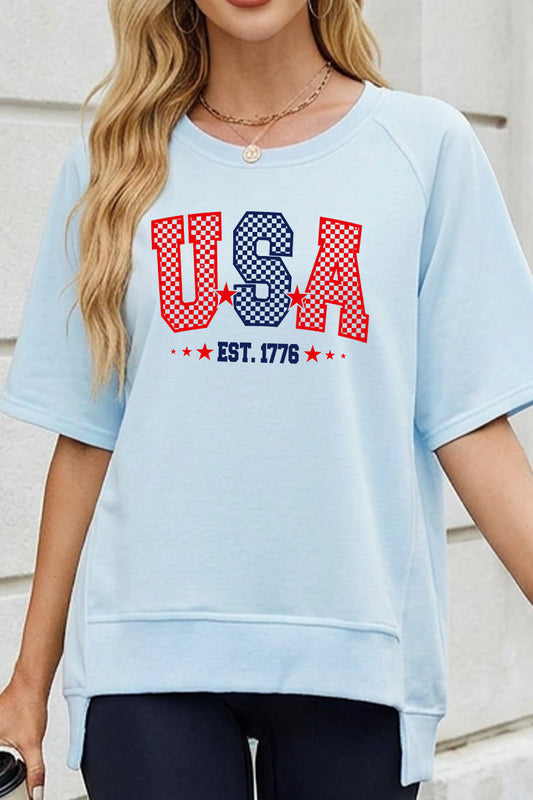 USA Est 1776 Graphic Oversized July 4th Tee Top