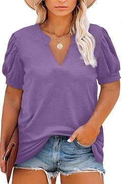 V Neck Puff Sleeve Shirts for Women Cute Plus Size T-Shirts