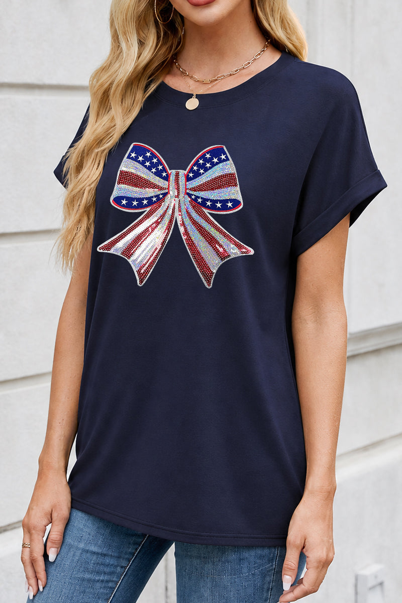 Patriotic Bow Graphic July 4th Tee Shirt Women