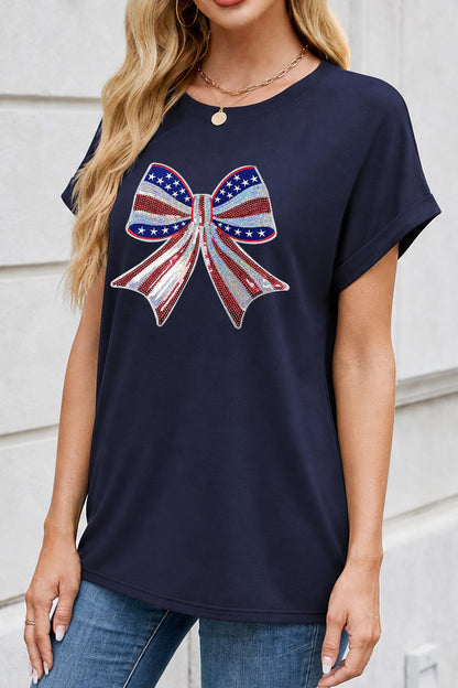 Patriotic Bow Graphic July 4th Tee Shirt Women