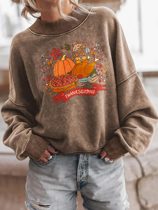 Thanksgiving Feast Pumpkin Pie Graphic Drop Shoulder Sweatshirt