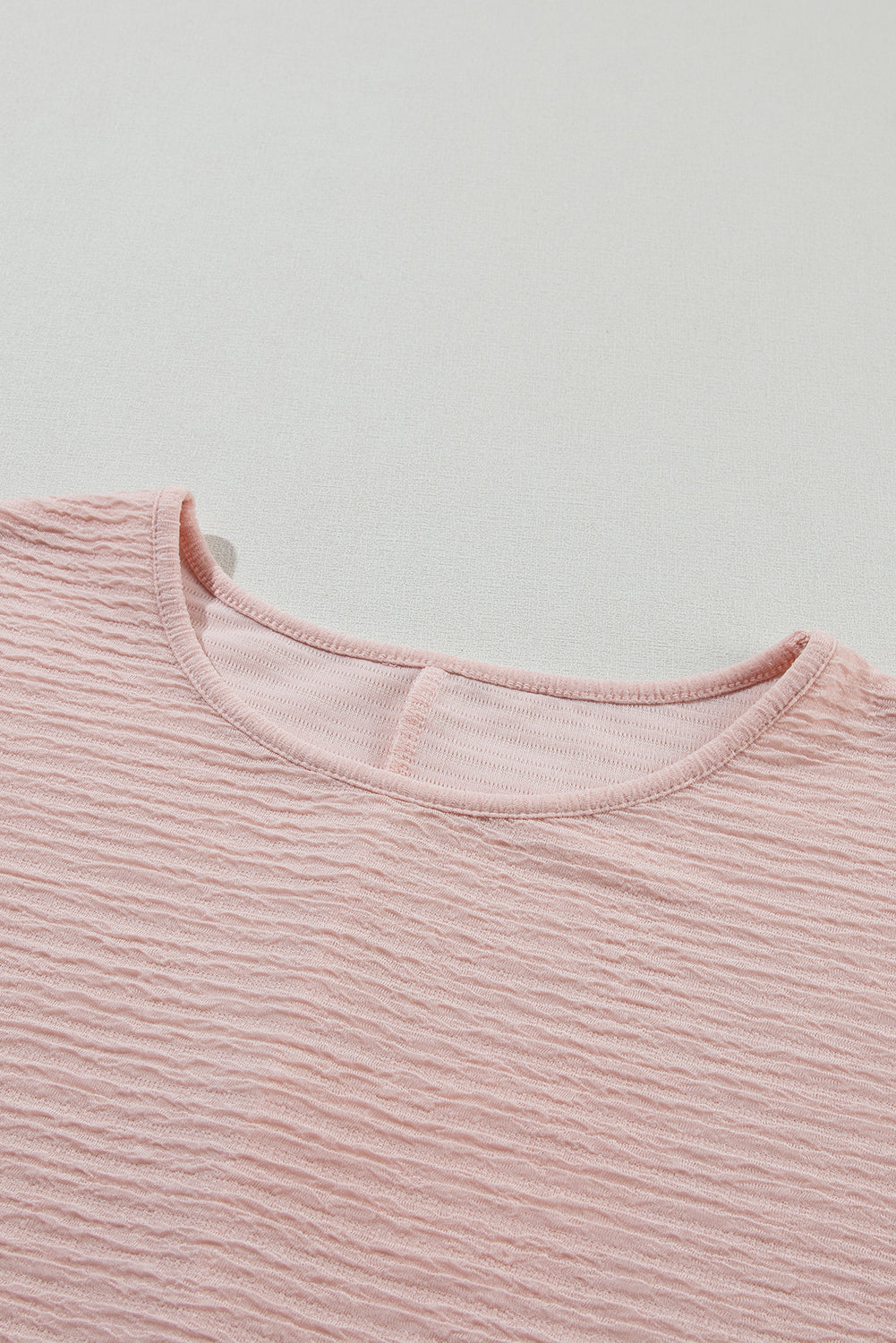 Light Pink Textured Ruffle Sleeve Crew Neck Blouse