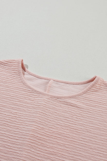 Light Pink Textured Ruffle Sleeve Crew Neck Blouse