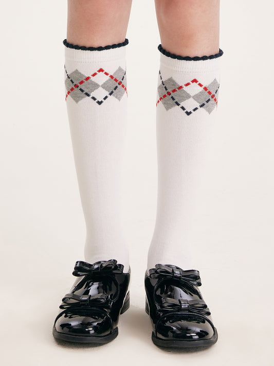 Girls Argyle Cotton Crew Socks Mid-Calf School Style