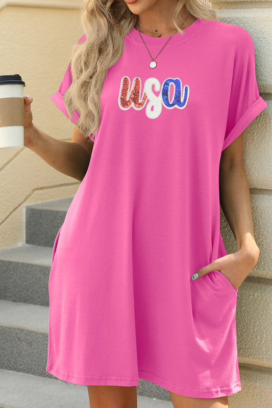USA Graphic Pocket T Shirt Dress July 4th Casual