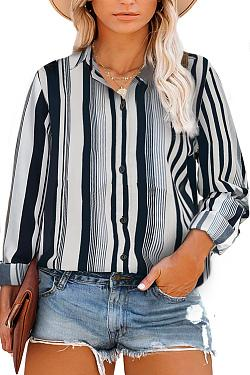 Striped Casual V-Neck Long Sleeve Chiffon Shirt Women's Tops Plus Size