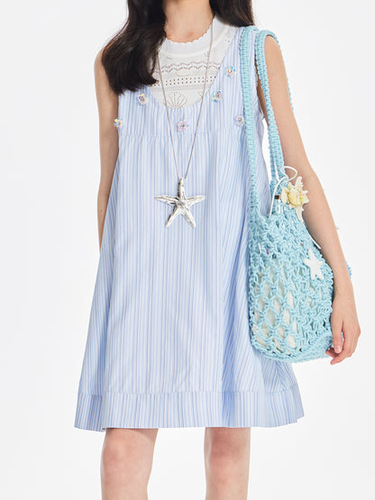 Girls Sleeveless Striped Dress with Floral Embellishments