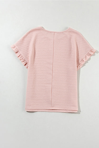 Light Pink Textured Ruffle Sleeve Crew Neck Blouse