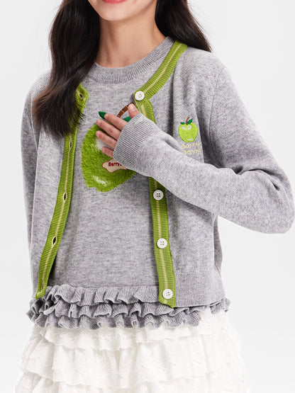Girls Knit Cardigan Sweater with Apple Embroidery