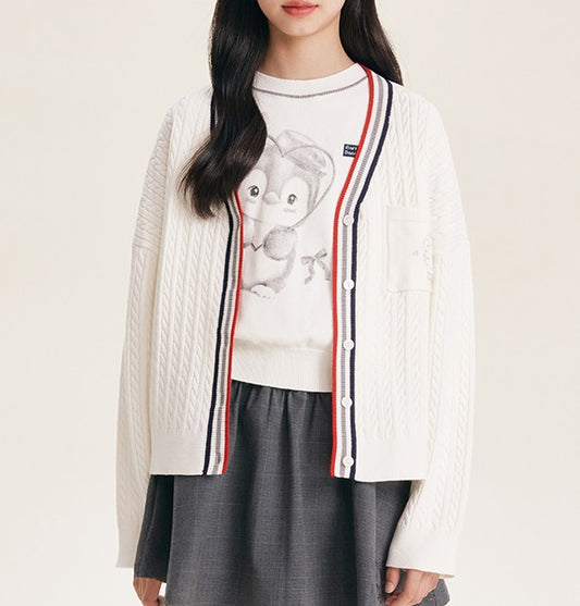 Girls' Cozy Button-Front Cardigan with Striped Trim