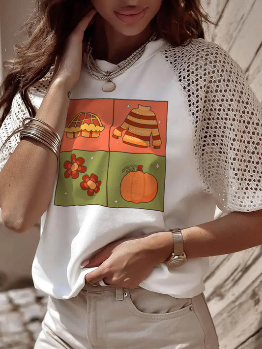 Thanksgiving Fall Pumpkin Pie Sweater Graphic Lace Sleeve Tee