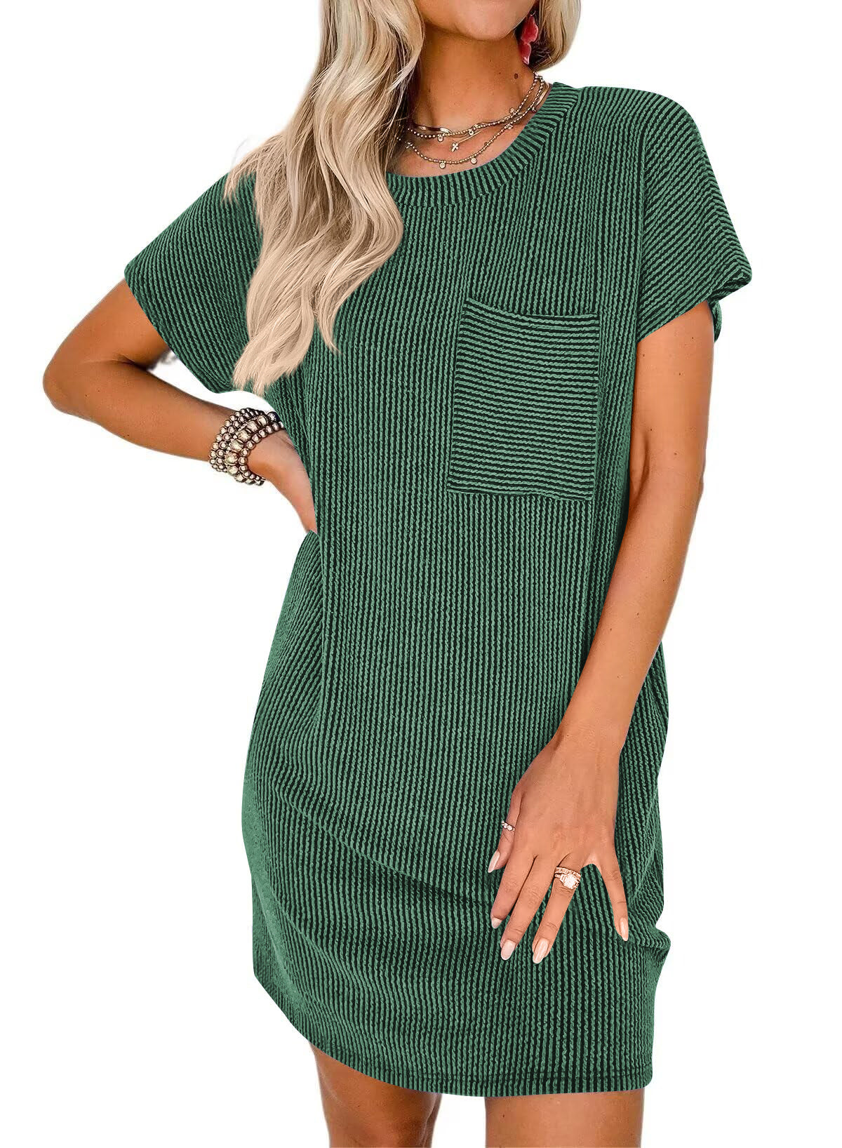 Women’s Textured Stripe Pocket T Shirt Dress Summer