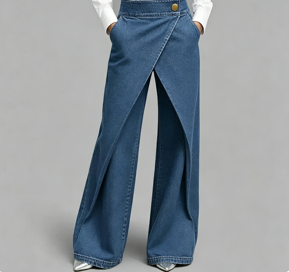Women's Crossover Wide Leg Jeans Washed Denim