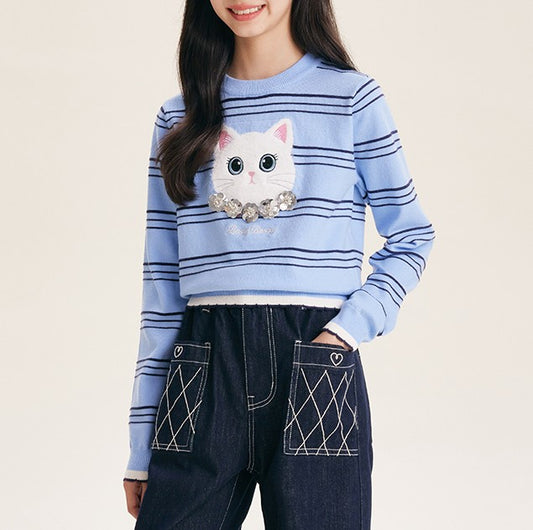 Cute Cartoon Cat Sequin Knit Sweater