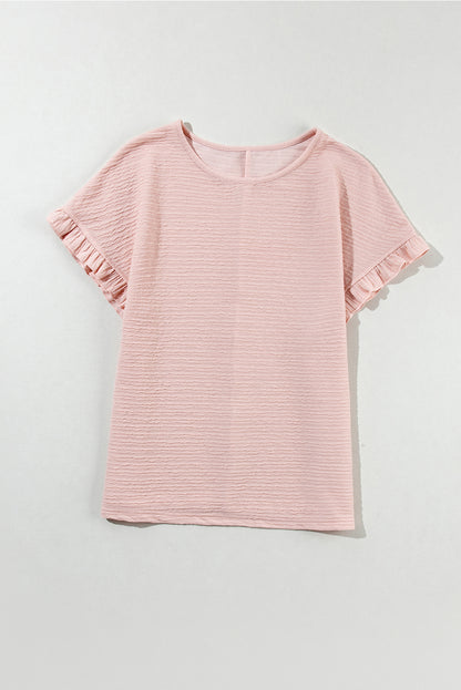 Light Pink Textured Ruffle Sleeve Crew Neck Blouse