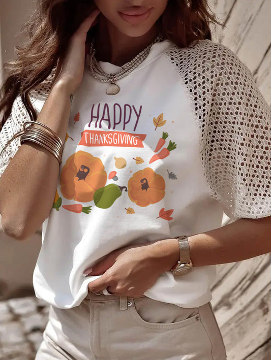 Happy Thanksgiving Veggie Pumpkin Graphic Lace Sleeve Tee