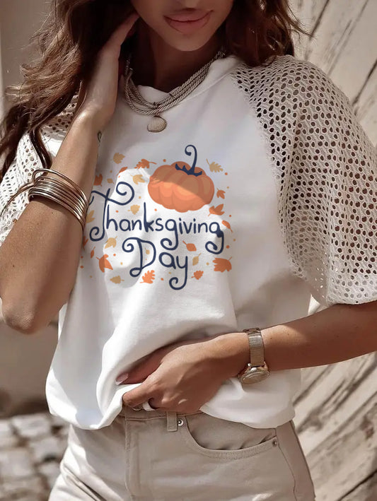 Thanksgiving Pumpkin Leaves Graphic Lace Sleeve Tee