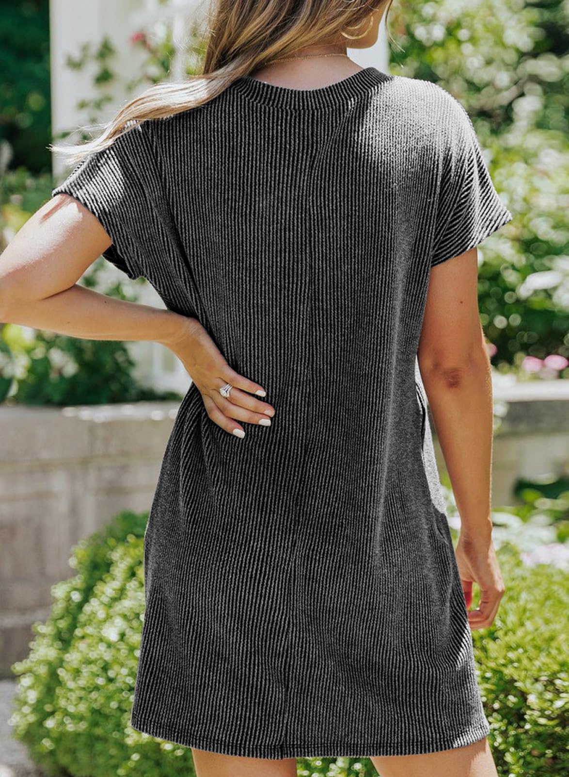 Women’s Textured Stripe Pocket T Shirt Dress Summer