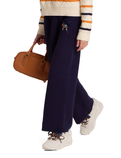 Girls Wide Leg Knit Pants with Cute Embroidery