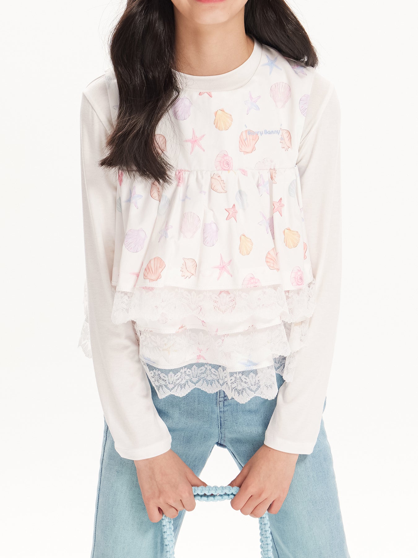 Girls Lace Layered Seashell Print Sleeveless Vest Top