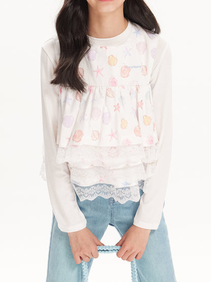 Girls Lace Layered Seashell Print Sleeveless Vest Top