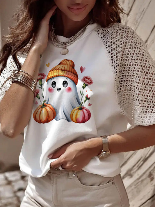 Thanksgiving Cute Ghost Pumpkin Graphic Tee with Lace Sleeves