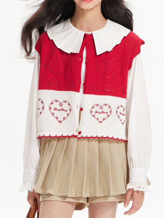 Girls Red Knit Sweater Vest Heart Pattern Cardigan