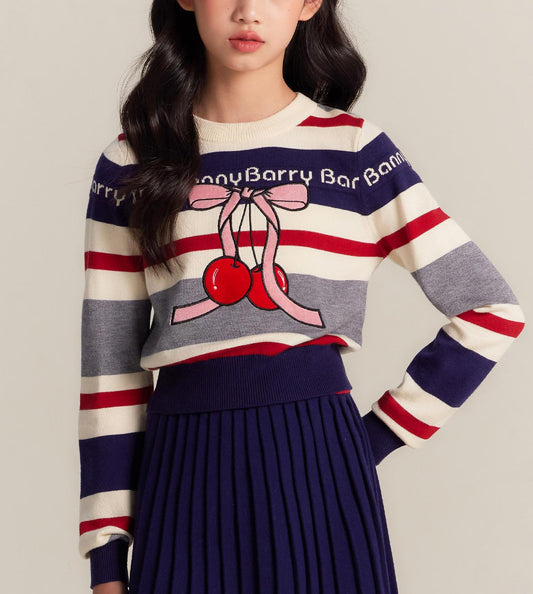 Cherry Bow Striped Knit Sweater for Girls