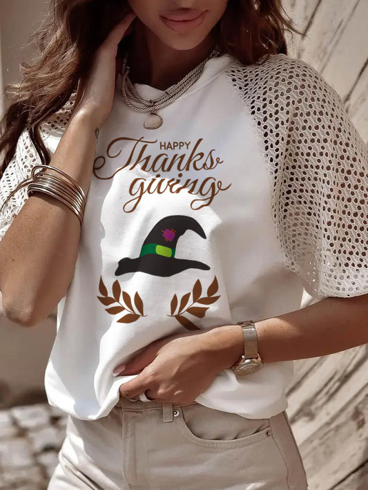 Thanksgiving Witch Hat Graphic Lace Sleeve Tee