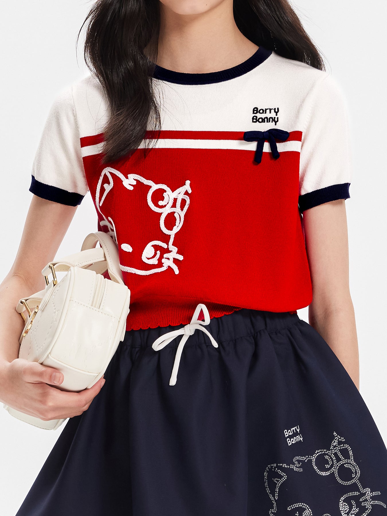 Girls Red Knit Bow Crew Neck Short Sleeve T-Shirt