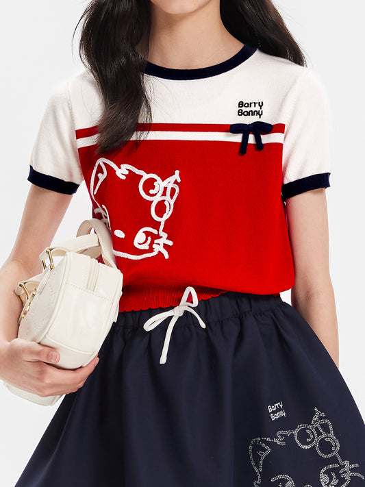 Girls Red Knit Bow Crew Neck Short Sleeve T-Shirt