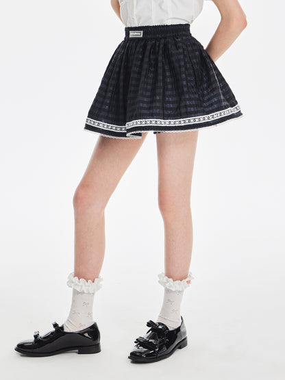 Girls High Waist Lace Trim Flared Tulle Skirt