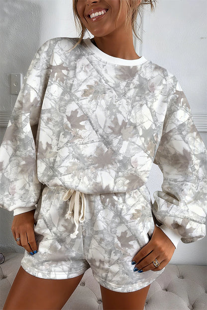 Light Grey Abstract Woodland Camo Print Baggy Pullover Drawstring Shorts Set