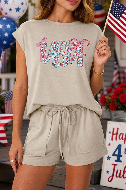 4th of July USA Graphic Lounge Set Cap Sleeve Shorts