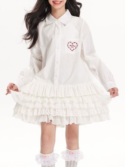 Girls White Ruffle Shirt Dress with Collar and Heart Pocket