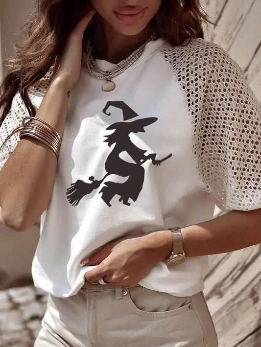 Witch Graphic Halloween Tee with Crochet Lace Sleeves
