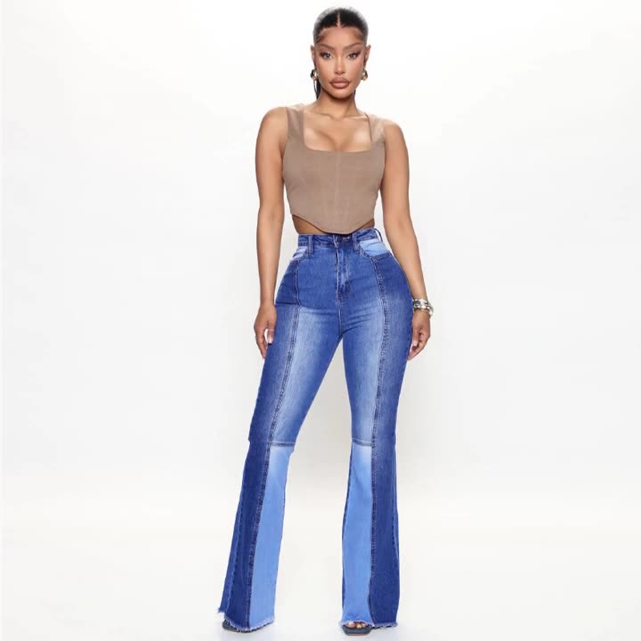 Plus Size Women Denim Stretchy Patchwork Wide Leg Pants Jeans