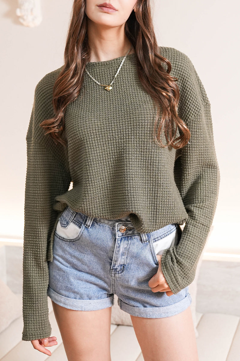 Olive Waffle Knit Oversized Top Side Slit Casual Pullover