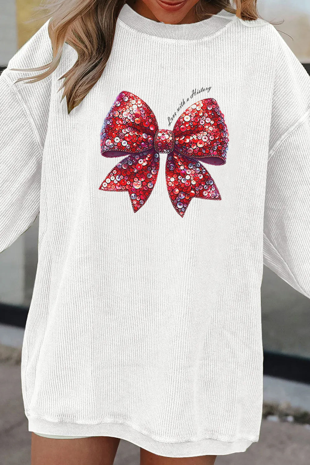Valentine Sequin Bow Heat Transfer Corduroy Sweatshirt
