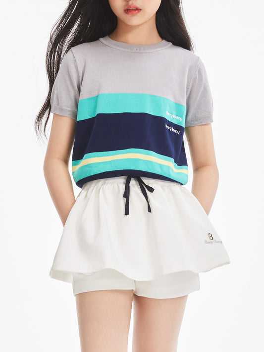 Girls Summer Knit Color Block Crew Neck Short Sleeve Top