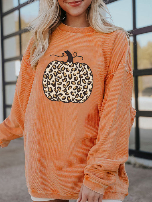 Leopard Pumpkin Graphic Oversized Orange Corded Sweatshirt