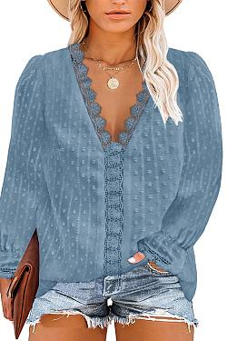 V-neck Embroidered Lace Long Sleeve Chiffon Shirt Plus Size