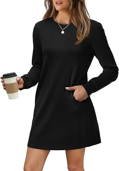 Cozy Long Sleeve Crewneck Sweatshirt Dress with Pockets