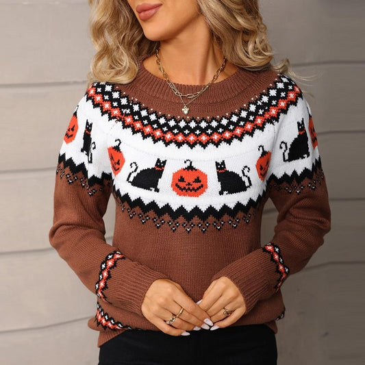 Halloween Black Cat & Pumpkin Knit Sweater for Women