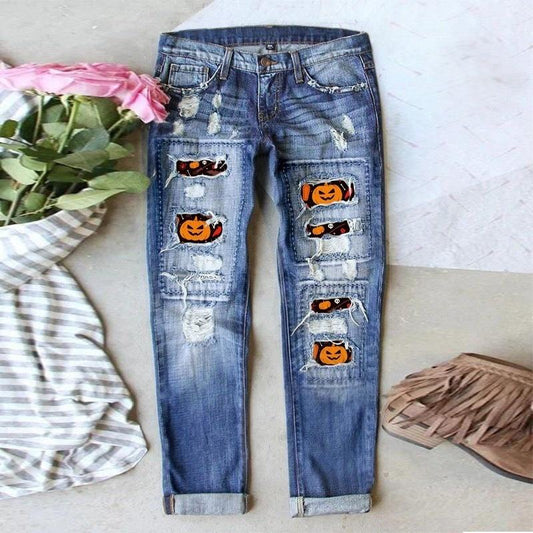 Halloween Pumpkin Print Distressed Straight Leg Jeans