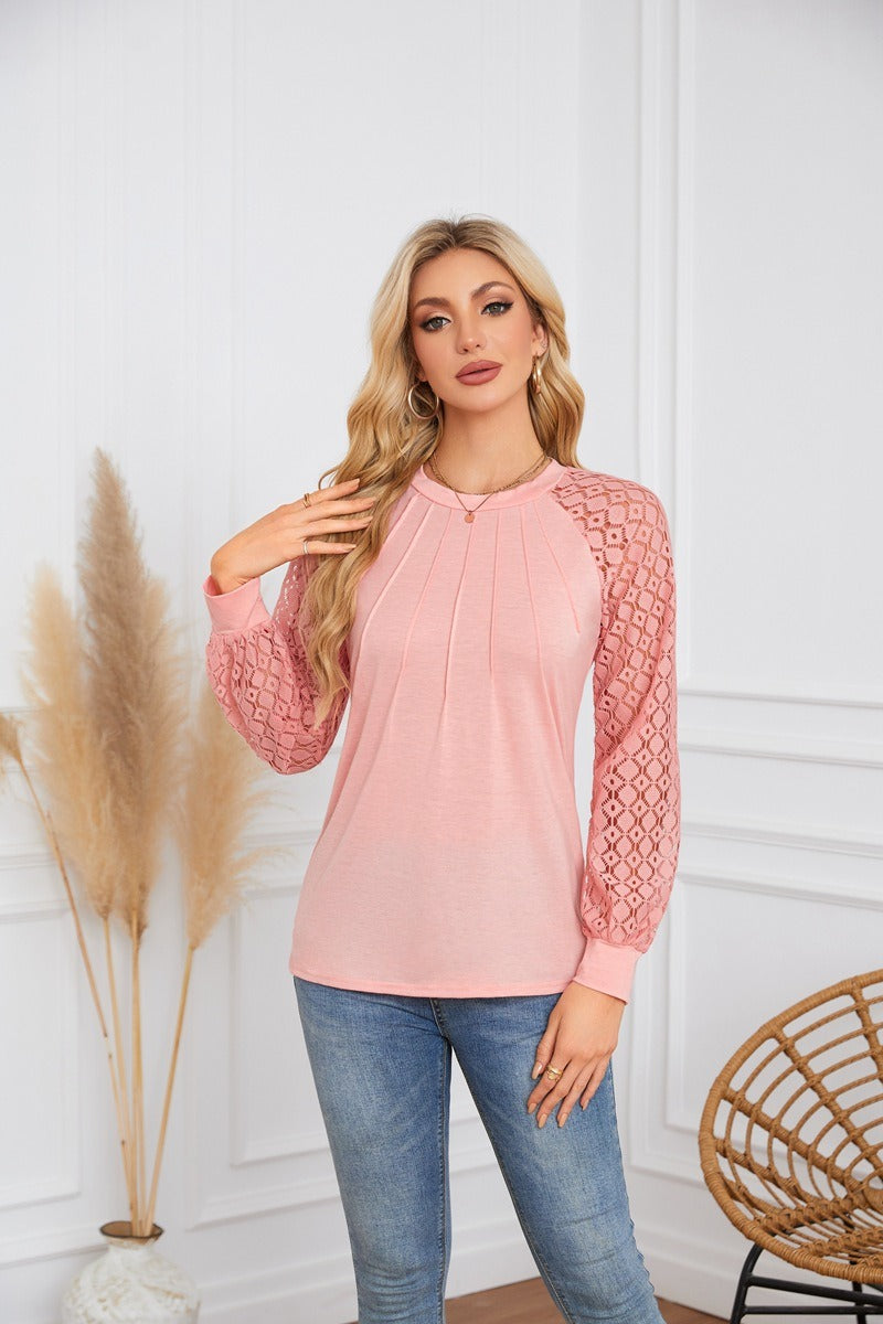 Lace Sleeve Pleated Blouse - Round Neck Long Sleeve Top