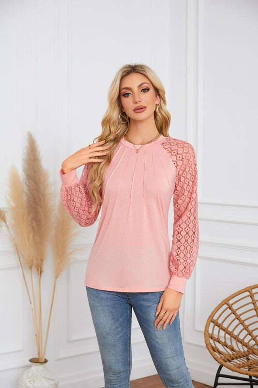 Lace Sleeve Pleated Blouse - Round Neck Long Sleeve Top