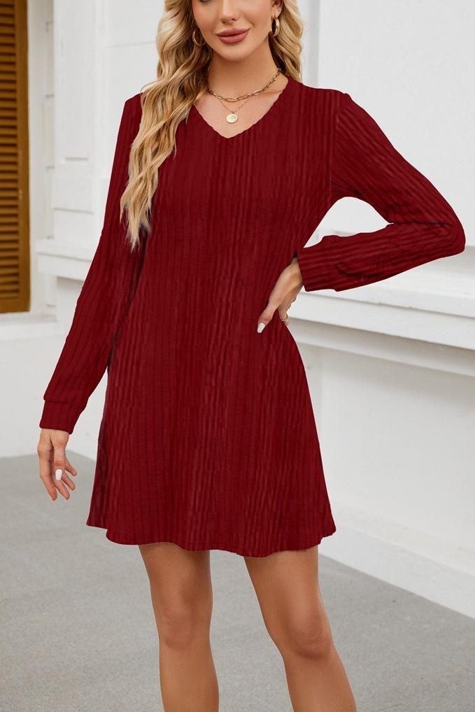V Neck Ribbed Knit Dress - Brushed Long Sleeve Mini